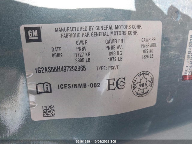 30101349 :رقم المزاد ، 1G2AS55H497292965 vin ، 2009 Pontiac G5 Se مزاد بيع