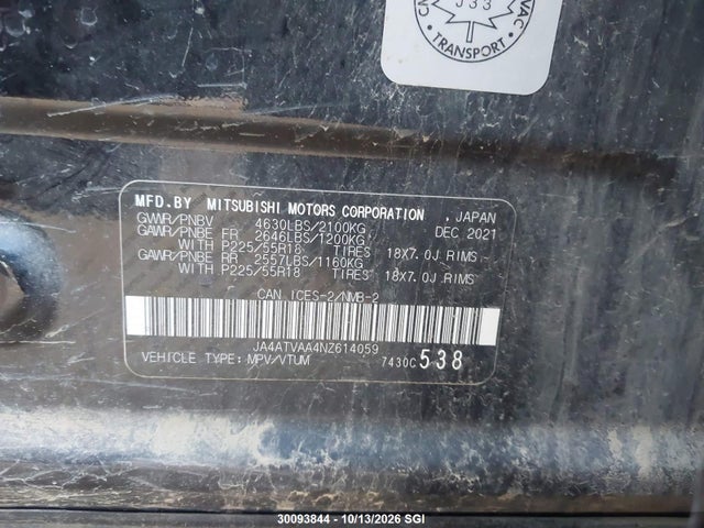 2022 Mitsubishi Eclipse Cross Le მანქანა იყიდება აუქციონზე, vin: JA4ATVAA4NZ614059, აუქციონის ნომერი: 30093844