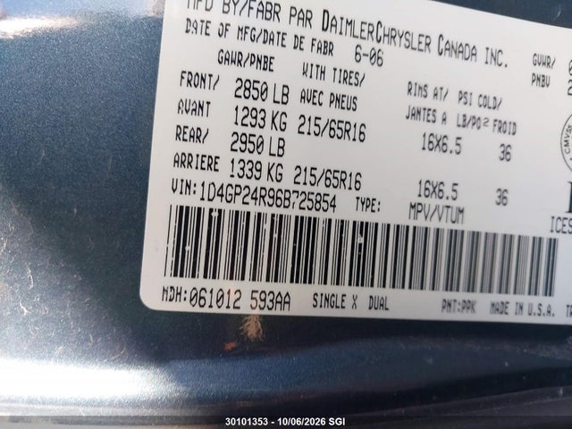 Продаж на аукціоні авто 2006 Dodge Grand Caravan Se, vin: 1D4GP24R96B725854, номер лоту: 30101353