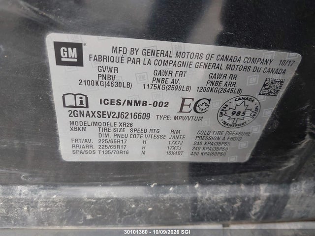 Aukcja sprzedaży 2018 Chevrolet Equinox Lt, vin: 2GNAXSEV2J6216609, numer aukcji: 30101360