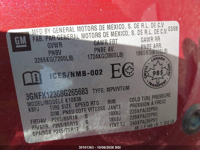 Aukcja sprzedaży 2008 Chevrolet Avalanche K1500, vin: 3GNFK12368G265683, numer aukcji: 30101363