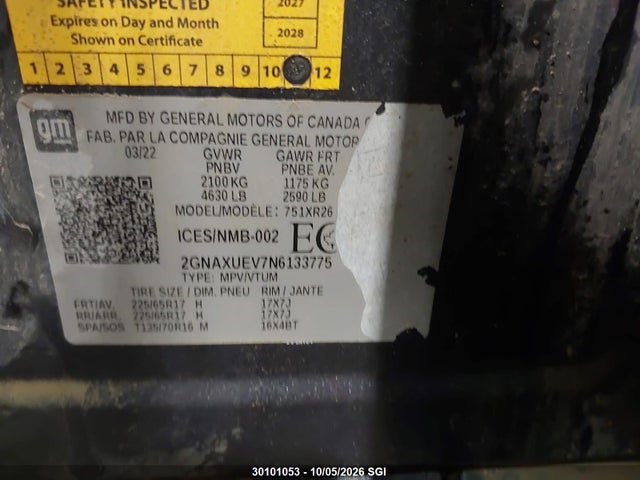 30101053 :رقم المزاد ، 2GNAXUEV7N6133775 vin ، 2022 Chevrolet Equinox Lt مزاد بيع