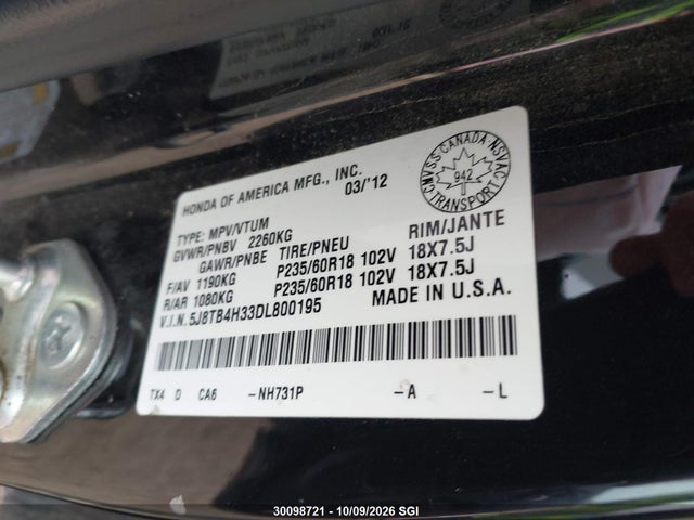 2013 Acura Rdx მანქანა იყიდება აუქციონზე, vin: 5J8TB4H33DL800195, აუქციონის ნომერი: 30098721