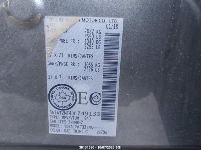 Продаж на аукціоні авто 2018 Nissan Rogue S/sl, vin: 5N1AT2MT4JC749133, номер лоту: 30101380