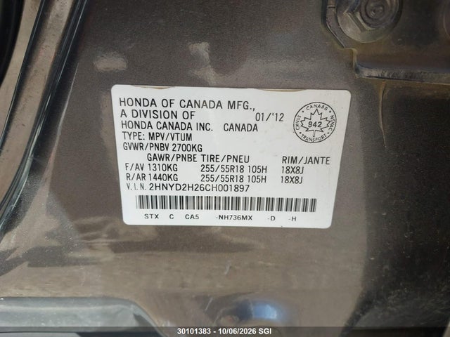 Aukcja sprzedaży 2012 Acura Mdx, vin: 2HNYD2H26CH001897, numer aukcji: 30101383
