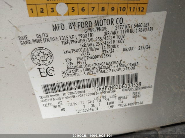 Aukcja sprzedaży 2013 Ford Taurus Sel, vin: 1FAHP2H83DG233538, numer aukcji: 30100028