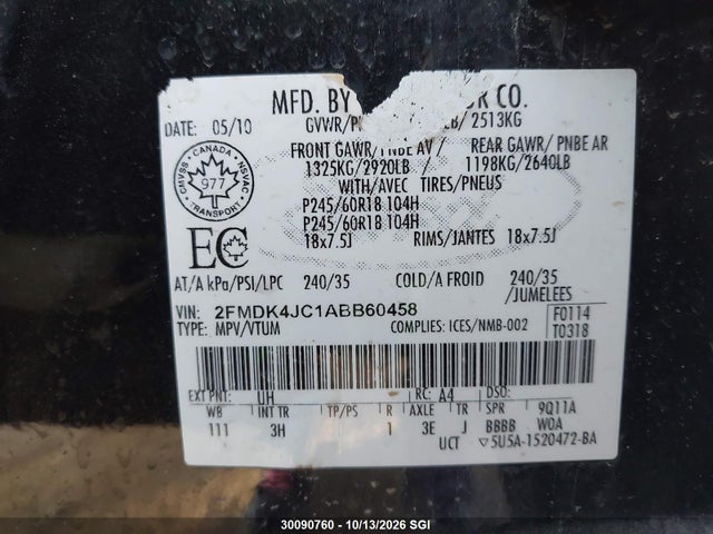 30090760 :رقم المزاد ، 2FMDK4JC1ABB60458 vin ، 2010 Ford Edge Sel مزاد بيع