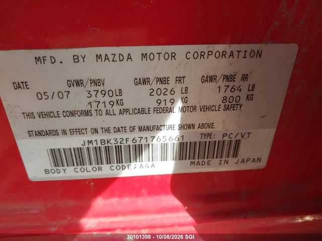 Продажа на аукционе авто 2007 Mazda 3 I, vin: JM1BK32F671765661, номер лота: 30101398
