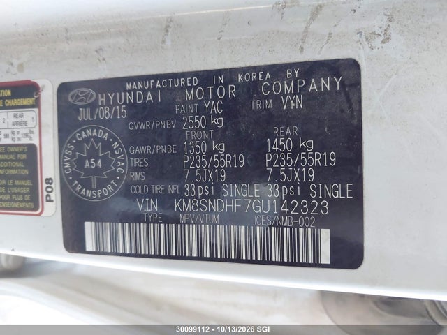 KM8SNDHF7GU142323 Hyundai Santa Fe Se/limited