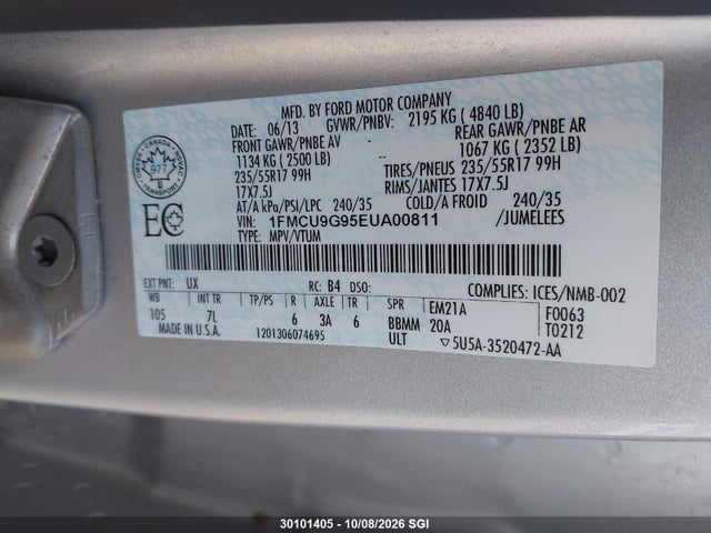 30101405 :رقم المزاد ، 1FMCU9G95EUA00811 vin ، 2014 Ford Escape Se مزاد بيع