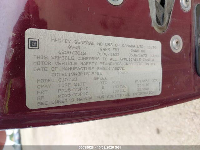 30098628 :رقم المزاد ، 2GTEC19K3R1519486 vin ، 1994 Gmc Sierra C1500 مزاد بيع