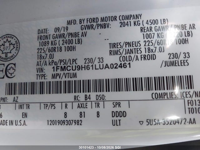 30101423 :رقم المزاد ، 1FMCU9H61LUA02461 vin ، 2020 Ford Escape Sel مزاد بيع