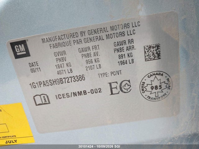 Aukcja sprzedaży 2011 Chevrolet Cruze Ls, vin: 1G1PA5SH9B7273386, numer aukcji: 30101424