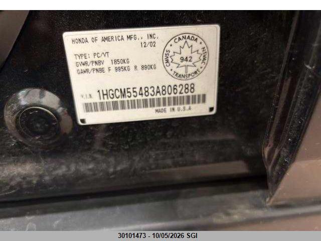 2003 Honda Accord Lx მანქანა იყიდება აუქციონზე, vin: 1HGCM55483A806288, აუქციონის ნომერი: 30101473