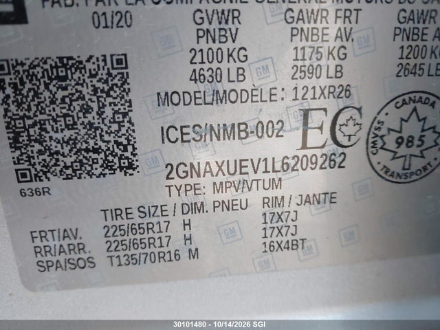 2GNAXUEV1L6209262 Chevrolet EQUINOX LT