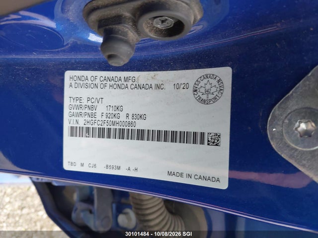 2021 Honda Civic Lx მანქანა იყიდება აუქციონზე, vin: 2HGFC2F50MH000860, აუქციონის ნომერი: 30101484