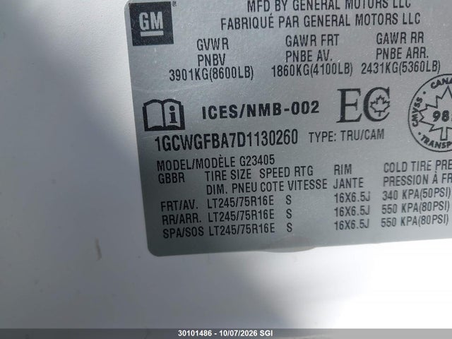2013 Chevrolet Express G2500 მანქანა იყიდება აუქციონზე, vin: 1GCWGFBA7D1130260, აუქციონის ნომერი: 30101486