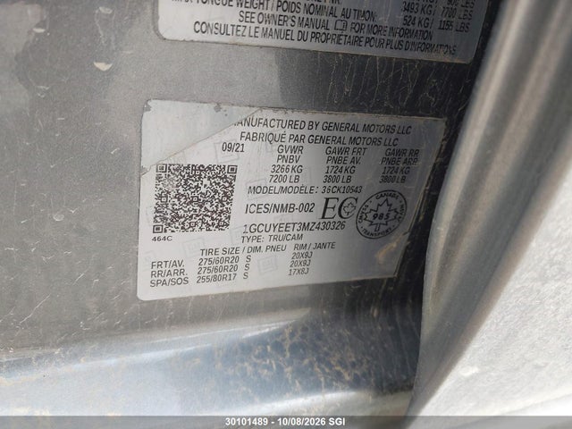 Aukcja sprzedaży 2021 Chevrolet Silverado K1500 Rst, vin: 1GCUYEET3MZ430326, numer aukcji: 30101489