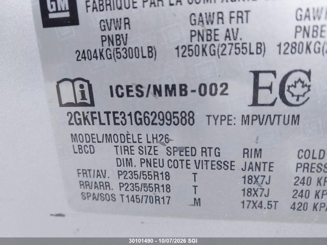 Aukcja sprzedaży 2016 Gmc Terrain Sle, vin: 2GKFLTE31G6299588, numer aukcji: 30101490