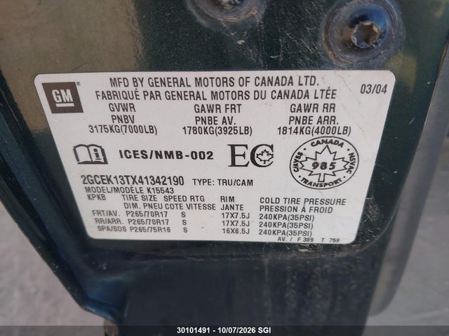 30101491 :رقم المزاد ، 2GCEK13TX41342190 vin ، 2004 Chevrolet Silverado K1500 مزاد بيع