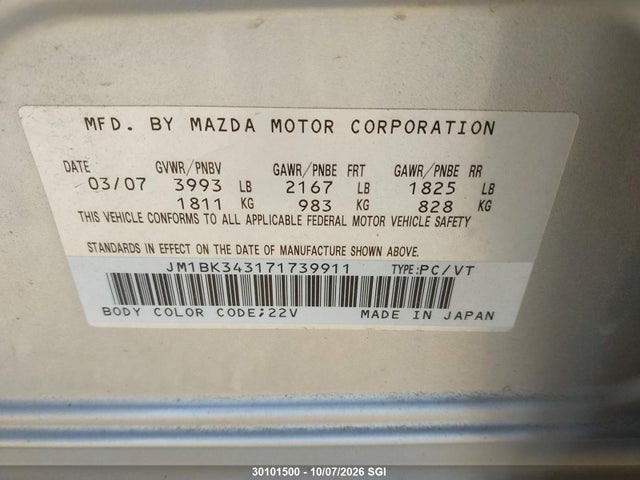 30101500 :رقم المزاد ، JM1BK343171739911 vin ، 2007 Mazda 3 Hatchback مزاد بيع