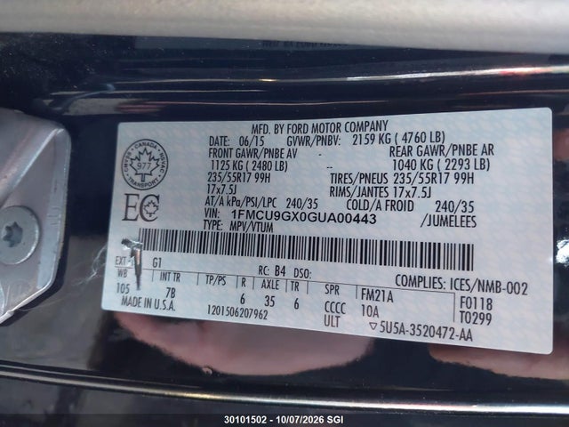 30101502 :رقم المزاد ، 1FMCU9GX0GUA00443 vin ، 2016 Ford Escape Se مزاد بيع