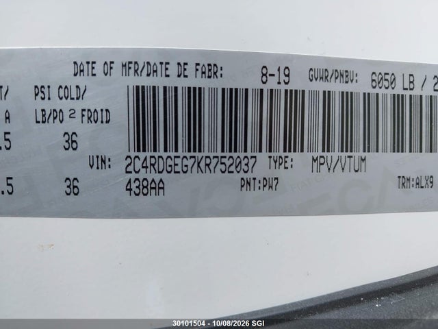 Продажа на аукционе авто 2019 Dodge Grand Caravan Gt, vin: 2C4RDGEG7KR752037, номер лота: 30101504