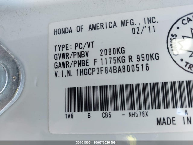30101505 :رقم المزاد ، 1HGCP3F84BA800516 vin ، 2011 Honda Accord Exl مزاد بيع