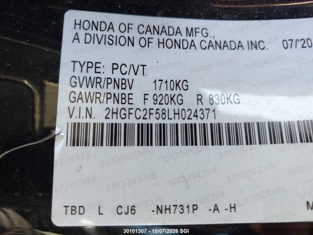 Продажа на аукционе авто 2020 Honda Civic Lx, vin: 2HGFC2F58LH024371, номер лота: 30101507