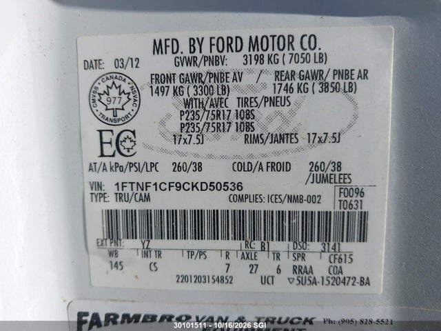 Продаж на аукціоні авто 2012 Ford F150, vin: 1FTNF1CF9CKD50536, номер лоту: 30101511