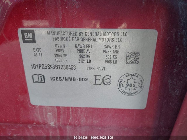 Продаж на аукціоні авто 2011 Chevrolet Cruze Lt, vin: 1G1PG5S93B7230458, номер лоту: 30101536