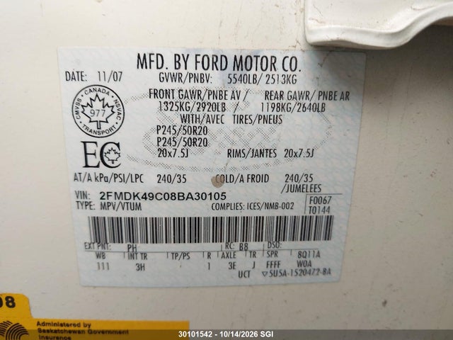 2008 Ford Edge Limited მანქანა იყიდება აუქციონზე, vin: 2FMDK49C08BA30105, აუქციონის ნომერი: 30101542