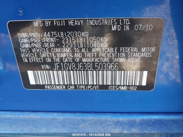 Продажа на аукционе авто 2011 Subaru Impreza Wrx Sti, vin: JF1GV8J63BL503966, номер лота: 30101572