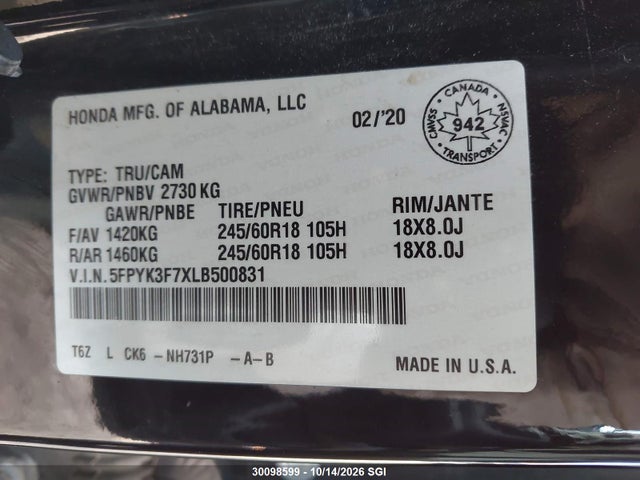 5FPYK3F7XLB500831 Honda Ridgeline Rtl