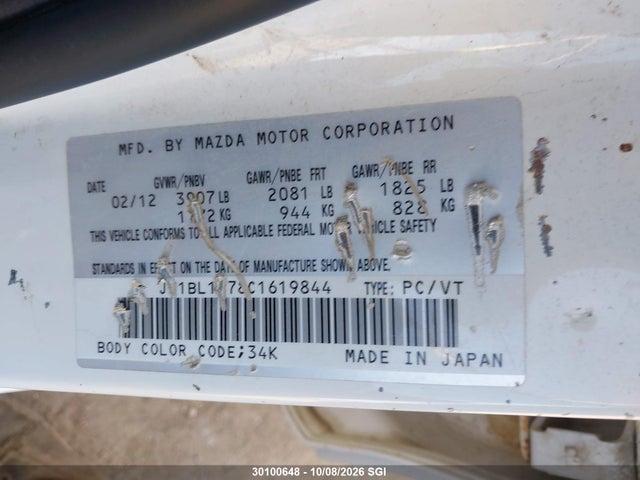 Aukcja sprzedaży 2012 Mazda 3 I, vin: JM1BL1V78C1619844, numer aukcji: 30100648