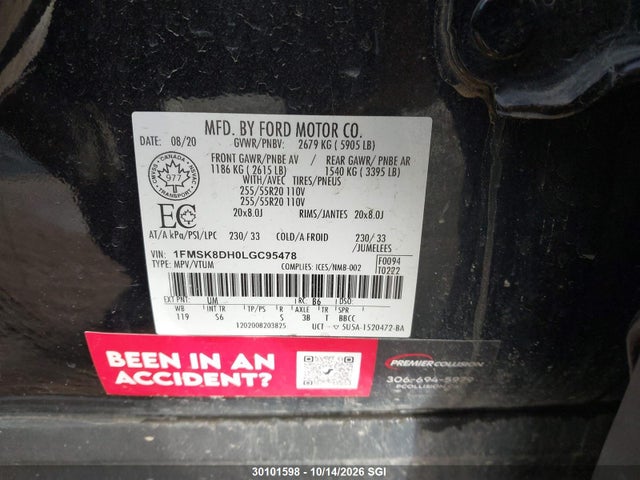 30101598 :رقم المزاد ، 1FMSK8DH0LGC95478 vin ، 2020 Ford Explorer Xlt مزاد بيع