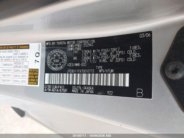 30100717 :رقم المزاد ، JTEBU11FX70010773 vin ، 2007 Toyota Fj Cruiser مزاد بيع