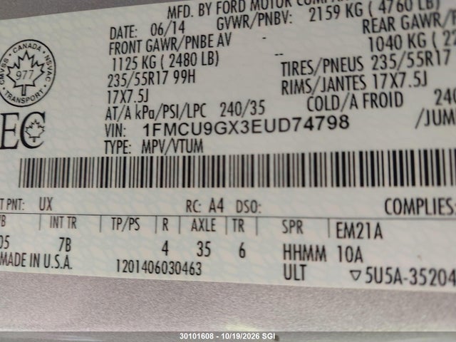1FMCU9GX3EUD74798 Ford ESCAPE SE