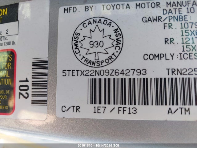 30101610 :رقم المزاد ، 5TETX22N09Z642793 vin ، 2009 Toyota Tacoma Access Cab مزاد بيع