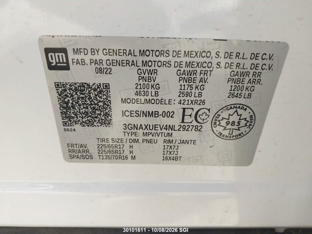 30101611 :رقم المزاد ، 3GNAXUEV4NL292782 vin ، 2022 Chevrolet Equinox Lt مزاد بيع
