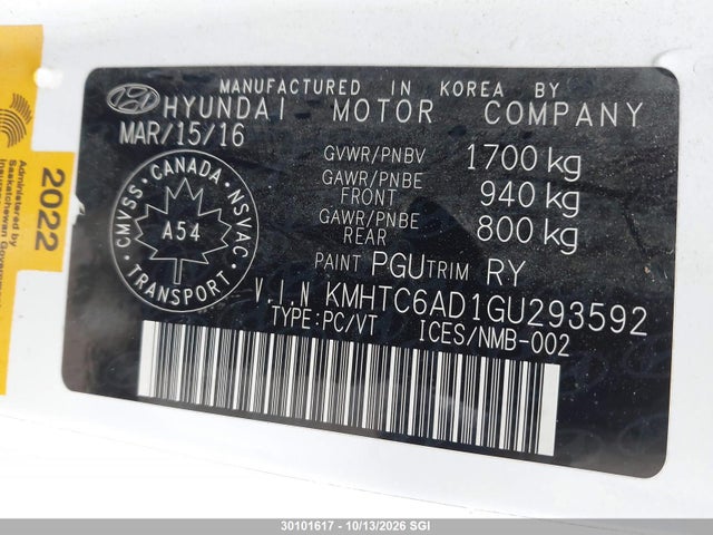 KMHTC6AD1GU293592 Hyundai Veloster