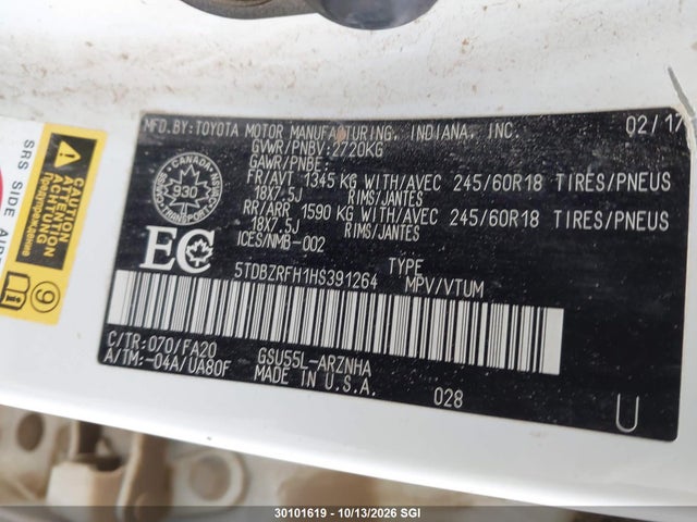 Toyota Highlander Le/le Plus 2017 5TDBZRFH1HS391264 Image 9