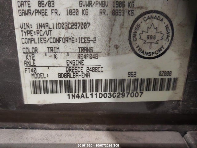 30101620 :رقم المزاد ، 1N4AL11D03C297007 vin ، 2003 Nissan Altima S/sl مزاد بيع