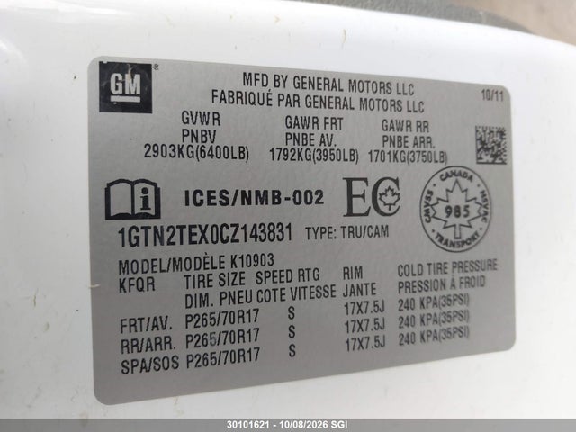 30101621 :رقم المزاد ، 1GTN2TEX0CZ143831 vin ، 2012 Gmc Sierra K1500 مزاد بيع