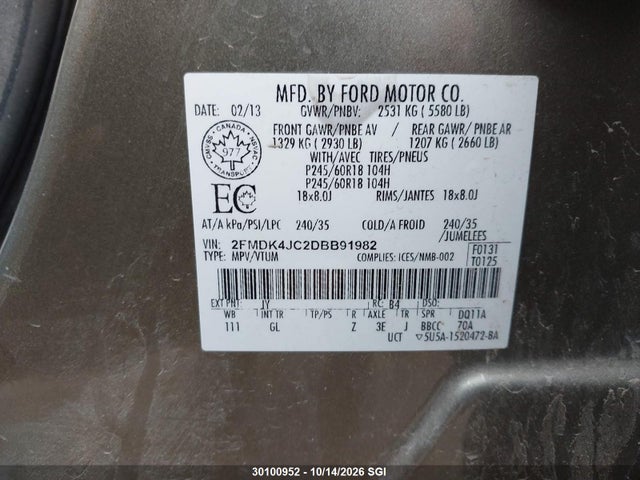 2013 Ford Edge Sel მანქანა იყიდება აუქციონზე, vin: 2FMDK4JC2DBB91982, აუქციონის ნომერი: 30100952