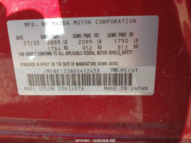 Aukcja sprzedaży 2006 Mazda 3 S, vin: JM1BK123861412458, numer aukcji: 30101467