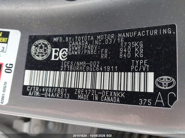 Продаж на аукціоні авто 2016 Toyota Corolla L/le/le Pls/prm/s/s Pls, vin: 2T1BURHE9GC641911, номер лоту: 30101624