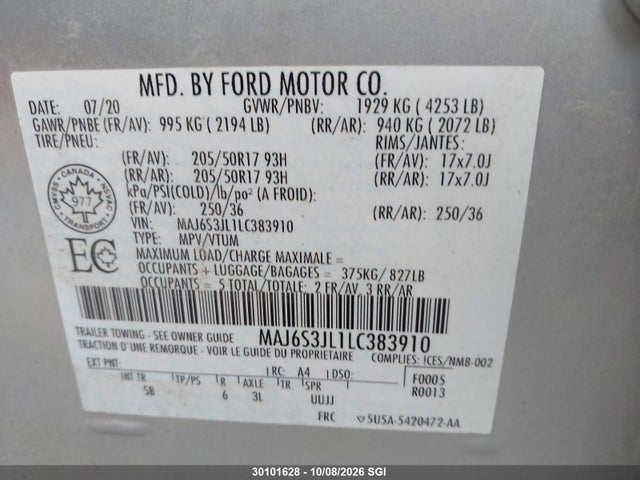 30101628 :رقم المزاد ، MAJ6S3JL1LC383910 vin ، 2020 Ford Ecosport Ses مزاد بيع