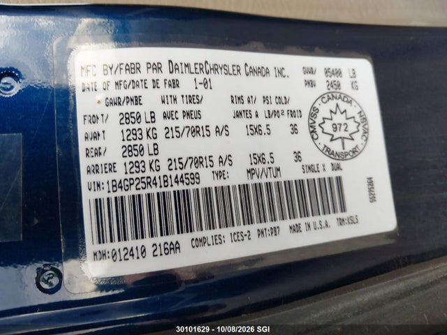 2001 Dodge Caravan Se მანქანა იყიდება აუქციონზე, vin: 1B4GP25R41B144599, აუქციონის ნომერი: 30101629