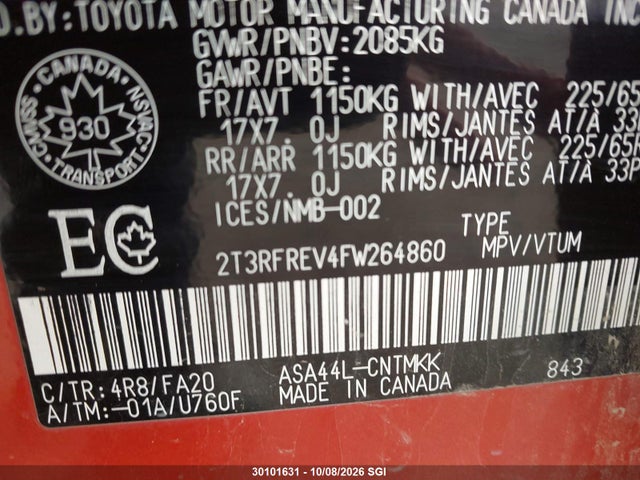 Продаж на аукціоні авто 2015 Toyota Rav4 Xle, vin: 2T3RFREV4FW264860, номер лоту: 30101631